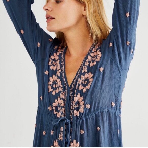 🩵Free People Dress Pink Embroidery V-neck Drawstring Midi Maxi Dress Size Small - Picture 2 of 8